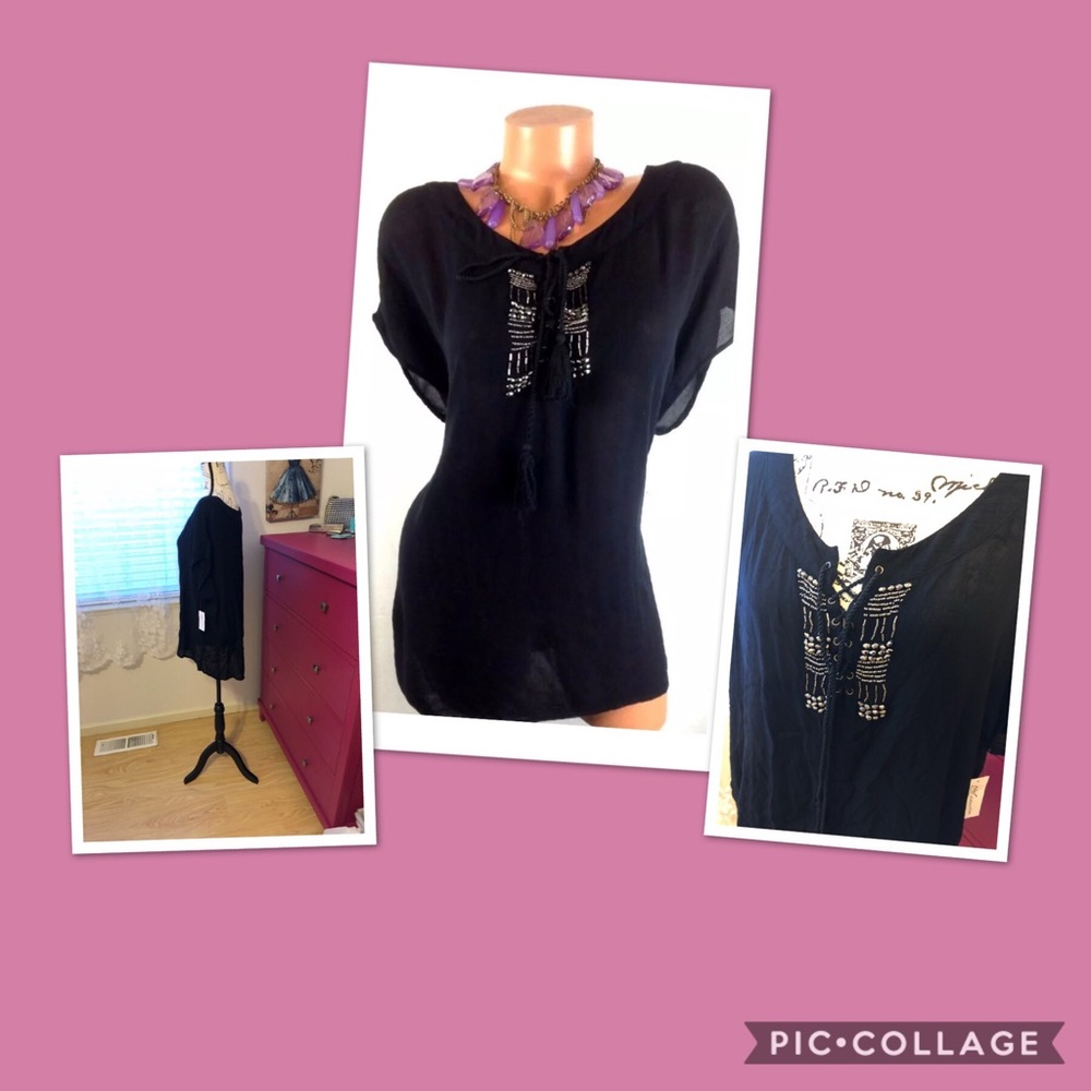 Crinkle BOHO high low black lace up blouse XL